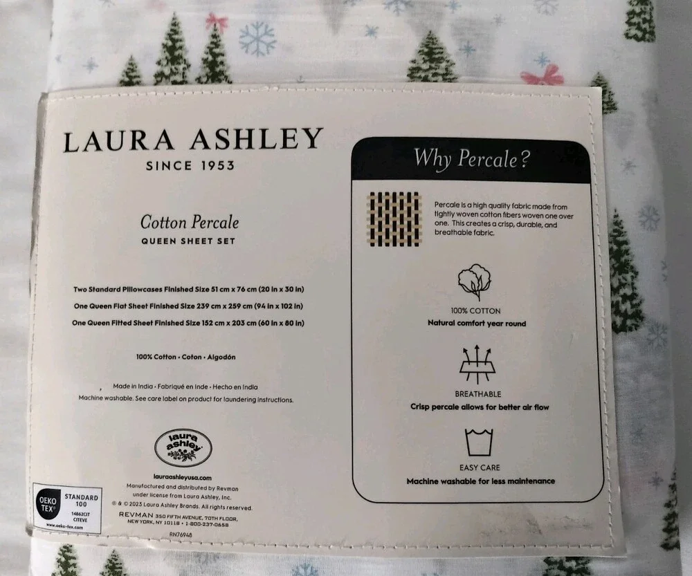 Laura Ashley Queen Sheet Set Floral 4pc 4 Piece 100% Cotton Percale Christmas